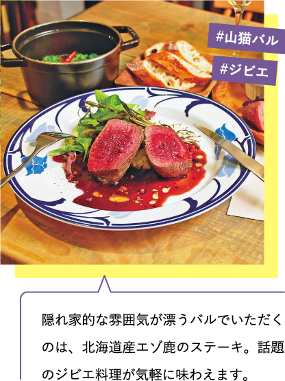 隠れ家的な雰囲気が漂うバルでいただくのは、北海道産エゾ鹿のステーキ。話題のジビエ料理が気軽に味わえます。　#山猫バル　#ジビエ