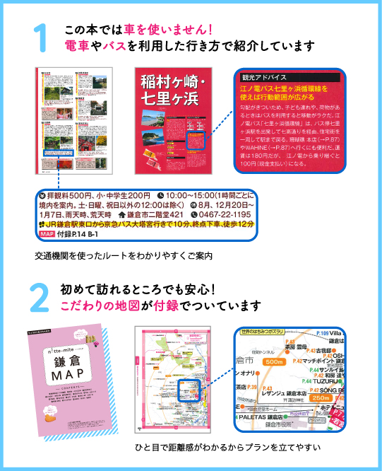 1：この本では車を使いません！電車やバスを利用した行き方で紹介しています。2：初めて訪れるところでも安心！こだわりの地図が付録でついています